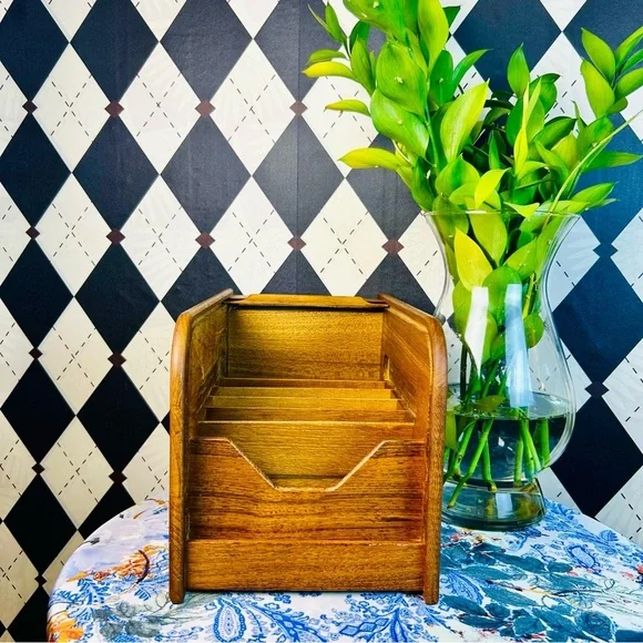 Teak Tambour Door Vintage Desktop Organizer| Recipe Card or Letter Holder - Picture 7 of 17